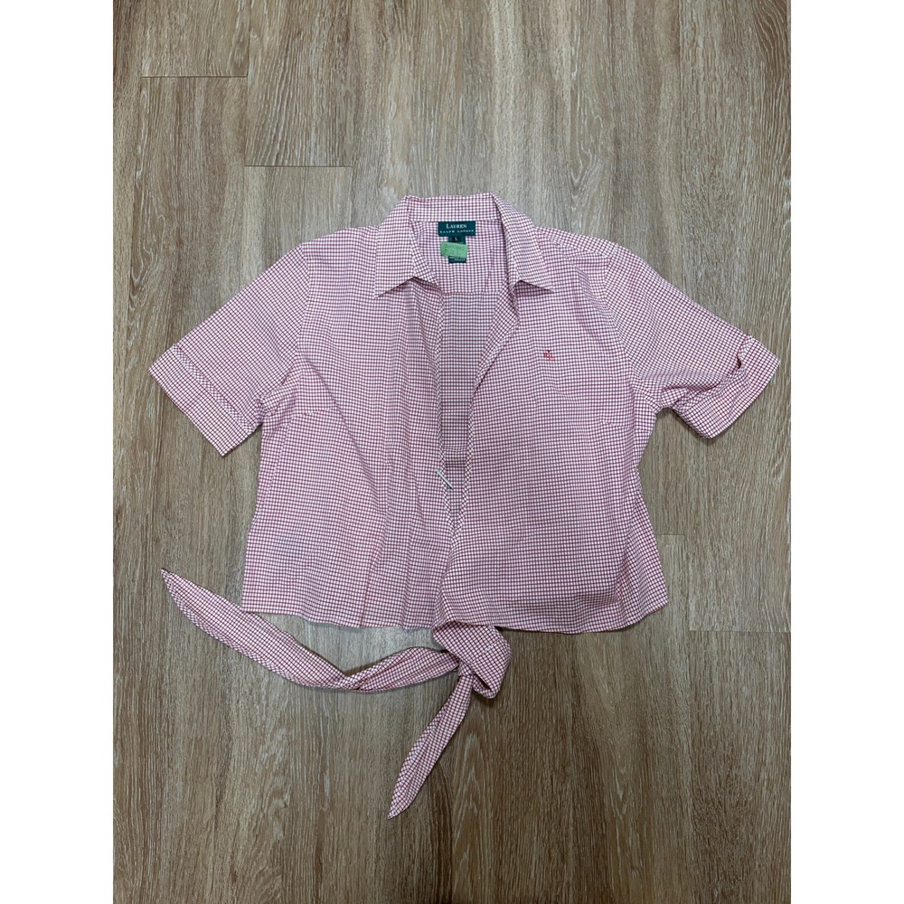 Lauren Ralph Lauren Red Gingham Tie Front Short Sleeve Cotton Shirt Womens L